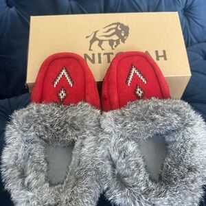 Red and Gray Fur-Lined Slippers